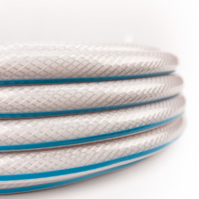 White Blue-Stripe AquaFlex RV Fresh Water Hose Braided Exterior - Side Detail | United RV Parts