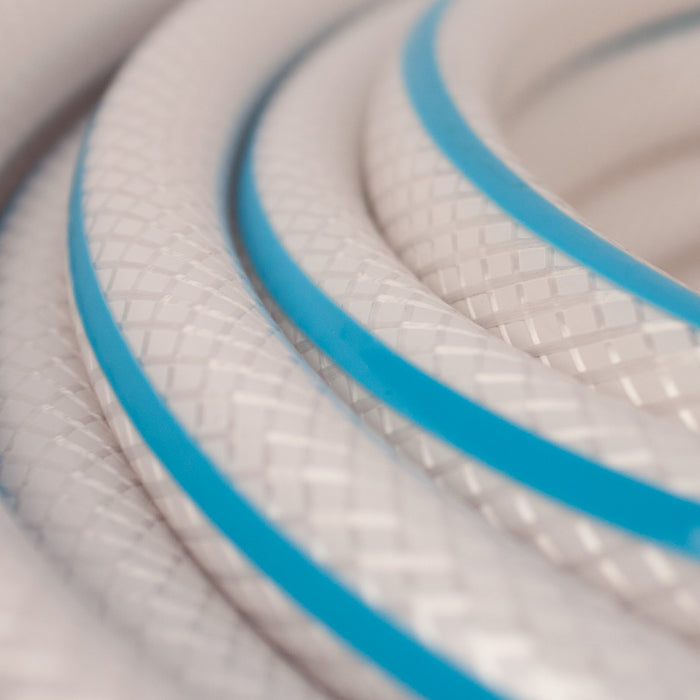 White Blue-Stripe AquaFlex Kink-Resistant RV Water Hose - Texture Close-Up | United RV Parts