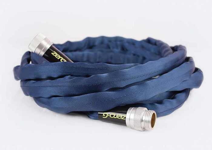 Blue Zero-G RV Hose Coiled with Metal Connectors - Top View | United RV Parts