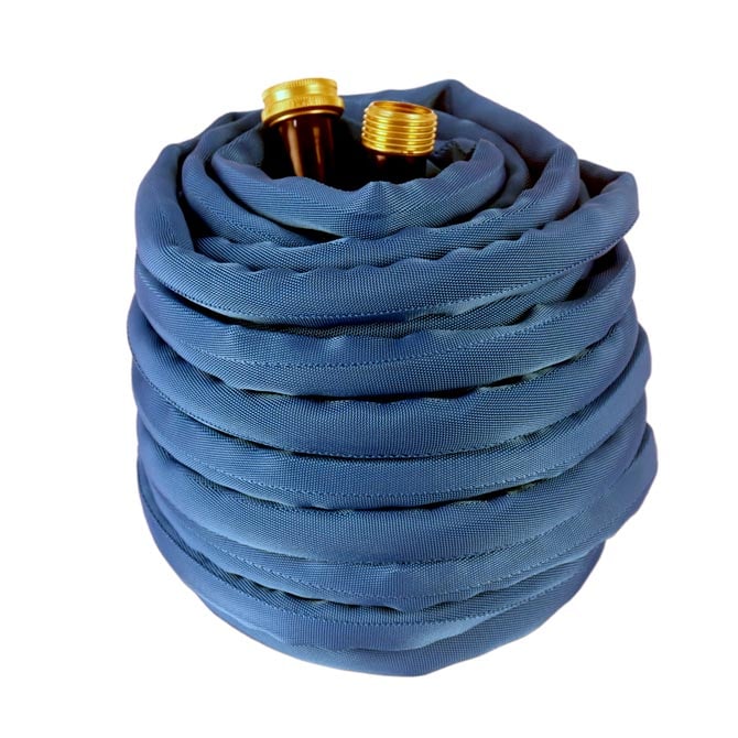 Blue Zero-G RV Marine Hose Coiled with Brass Fittings - Top View | United RV Parts