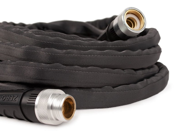 Black Zero-G RV Water Hose with Metal Fittings - Coiled View | United RV Parts