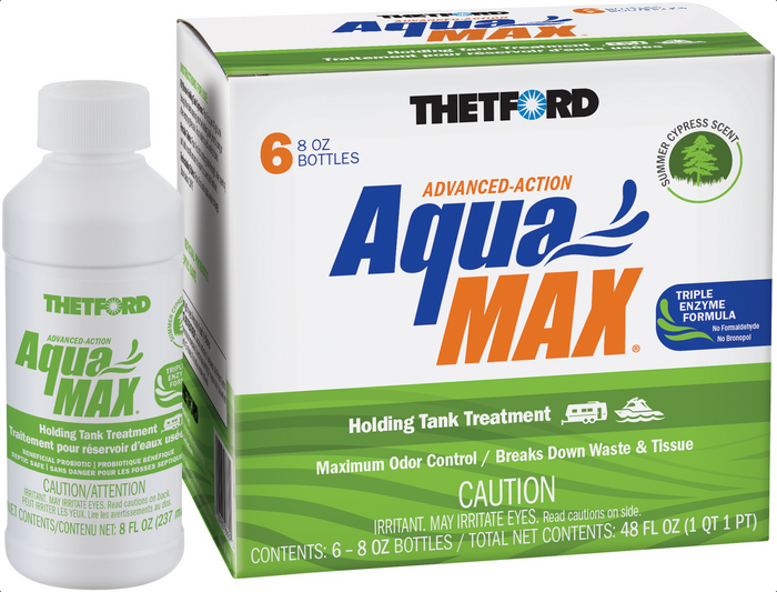 Thetford AquaMax Summer Cypress RV Black Water Holding Tank Treatment 6-Pack with Single Bottle - Front View | United RV Parts