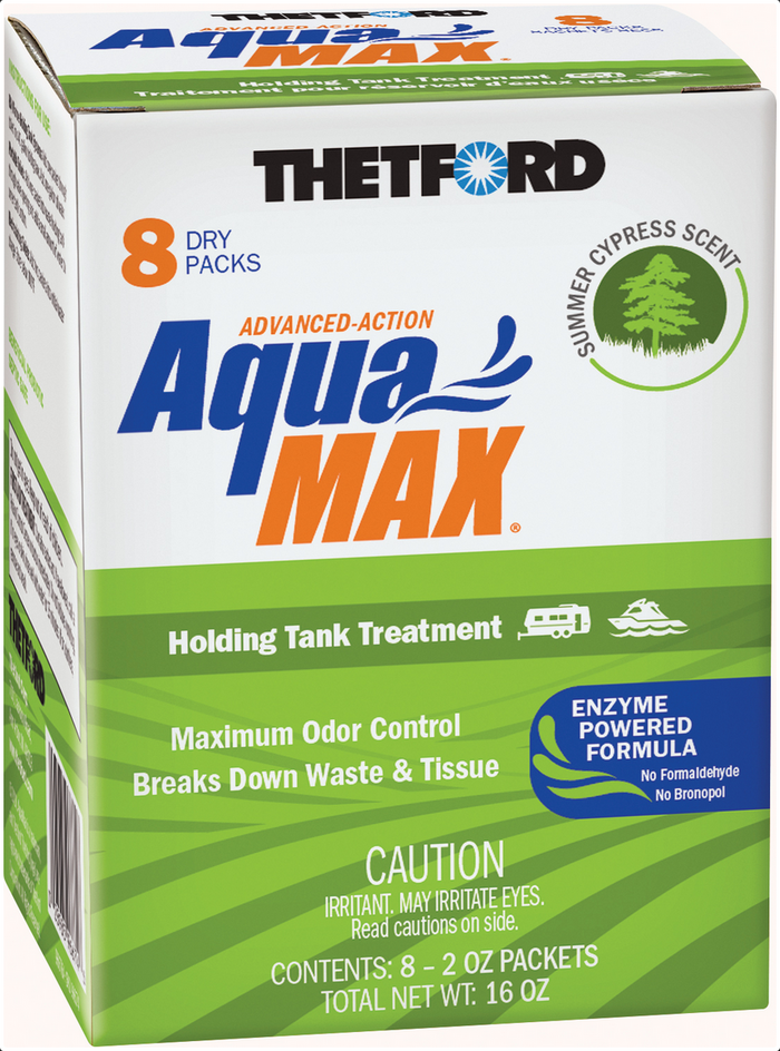 Thetford AquaMax Summer Cypress Scent Black Water Tank Treatment 8-Pack Box - Angled View | United RV Parts