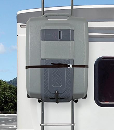 Grey Smart Tote 2 Portable Waste Tank Mounted on RV Ladder | United RV Parts