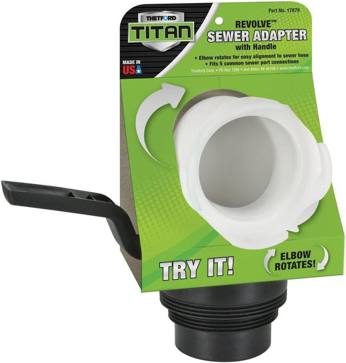 Black Thetford Titan Revolve RV Sewer Hose Adapter with 360° Swivel Handle - Product Package | United RV Parts