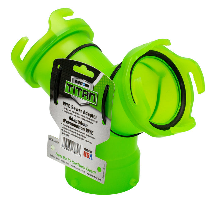 Green Thetford Titan WYE Sewer Adapter 17832 with Package - Angled View | United RV Parts