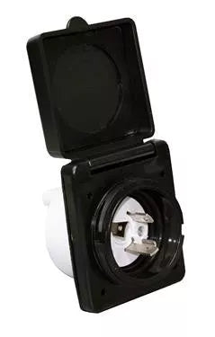 Black Valterra 30A Twist Lock Power Inlet - Open View with Weatherproof Cover | United RV Parts