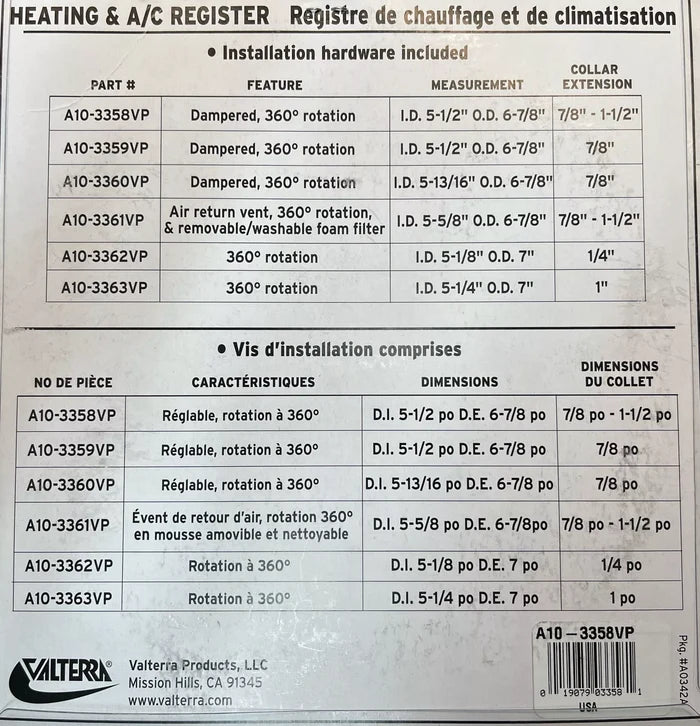 Valterra AC Register Sizing Chart A10-3361VP Dimensions Specifications | United RV Parts