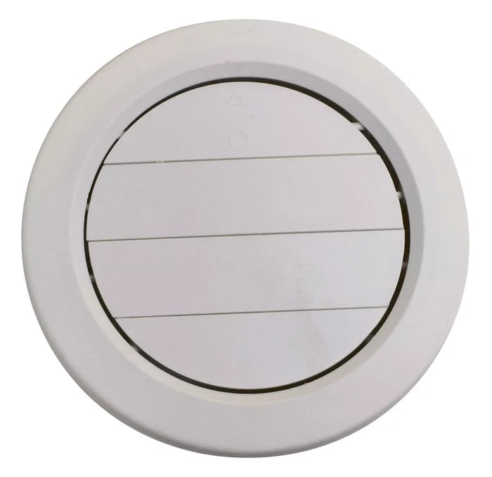 White Plastic 5 Inch Round A/C Ceiling Register with Adjustable Louvers - Front View | United RV Parts
