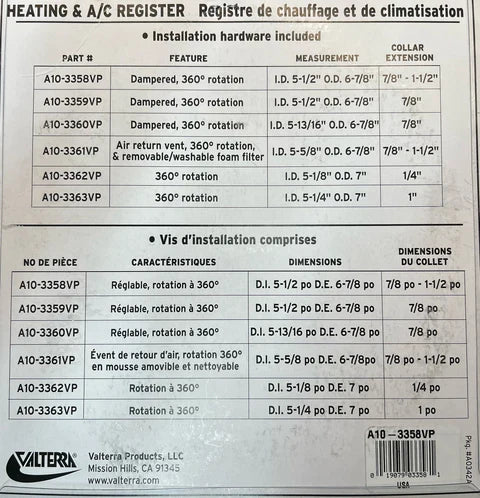 Valterra Heating & A/C Register Sizing Chart with Part Numbers A10-3358VP to A10-3363VP | United RV Parts