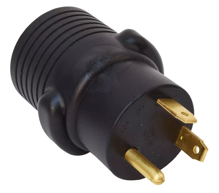 Black Valterra RV Electrical Adapter A10-3050A 30 Amp Male Gold Prongs - Angled View | United RV Parts