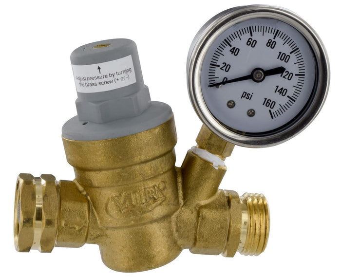 Brass Valterra Adjustable RV Fresh Water Regulator A01-1117VP with Pressure Gauge | United RV Parts