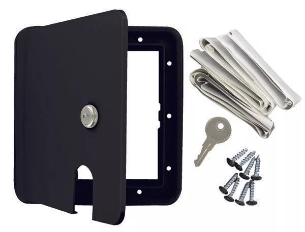 Black Plastic RV Cable Hatch Kit with Lock, Key, Screws & Seal - Full Contents View | United RV Parts