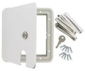 White ABS Large Square RV Cable Hatch with Lock, Key, Screws & Gasket - Full Kit View | United RV Parts