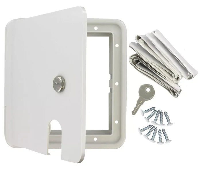White ABS Large Square RV Cable Hatch with Lock, Key, Screws & Gasket - Full Kit View | United RV Parts