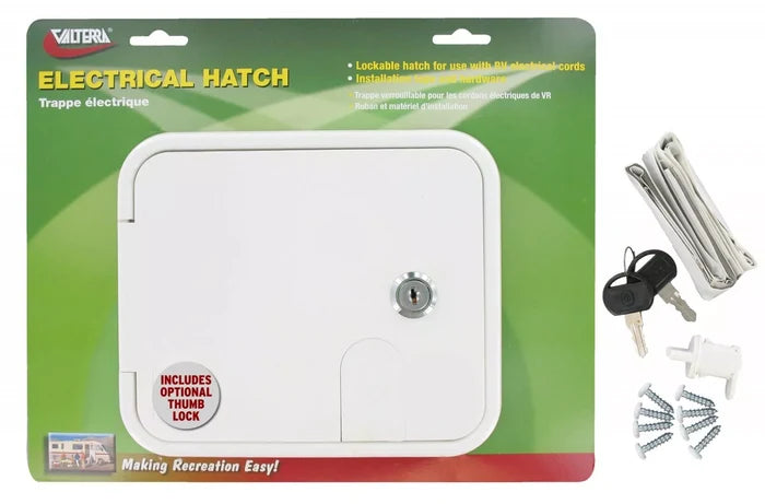 White Plastic RV Electrical Hatch A10-2150VP with Lock & Keys - Packaging Front View | United RV Parts