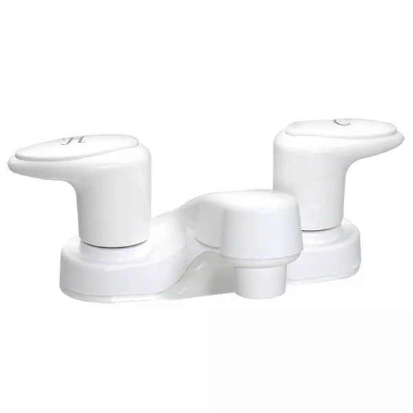 White Plastic 4-Inch RV Lavatory Faucet Dual Lever - Front View | United RV Parts