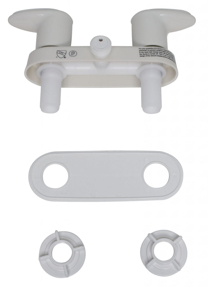 White Valterra RV Shower Valve PF223241 - Bottom View with Mounting Plate and Hardware | United RV Parts