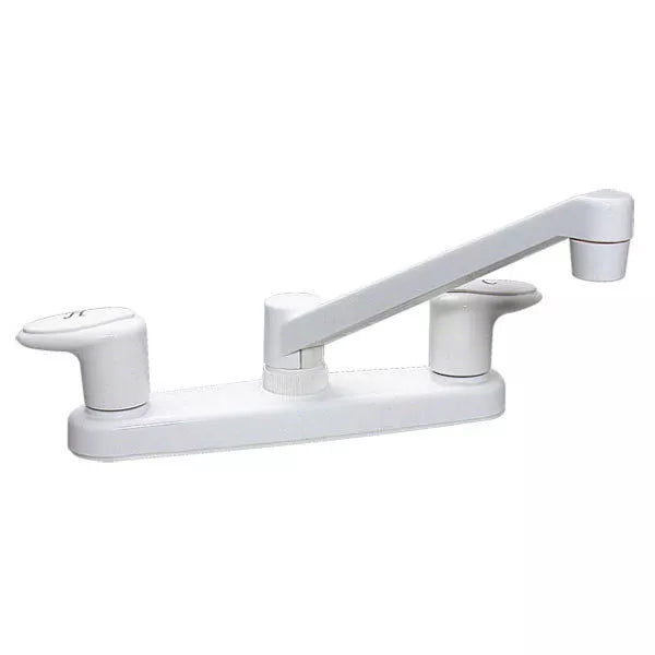 White Valterra Catalina 8-inch RV Kitchen Faucet with Dual Handles - Side View | United RV Parts