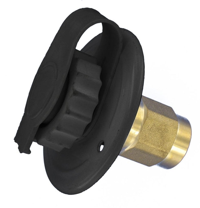 Black Valterra City Water Inlet 2-3/4" Flange with Brass FPT Check Valve - Angled View | United RV Parts