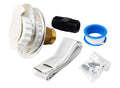 White Aluminum RV City Water Inlet Kit with Brass Fitting, Male Nipple, Tape & Hardware - Parts Laid Out | United RV Parts