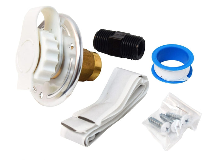White Aluminum RV City Water Inlet Kit with Brass Fitting, Male Nipple, Tape & Hardware - Parts Laid Out | United RV Parts