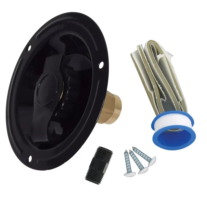 Black Valterra Recessed City Water Inlet FPT with Brass Fitting, Hardware & Tape - Full Kit View | United RV Parts