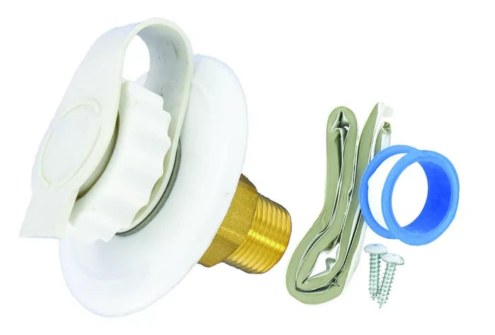 White ABS RV City Water Inlet with Brass Fitting and Hardware Kit - Exploded View | United RV Parts