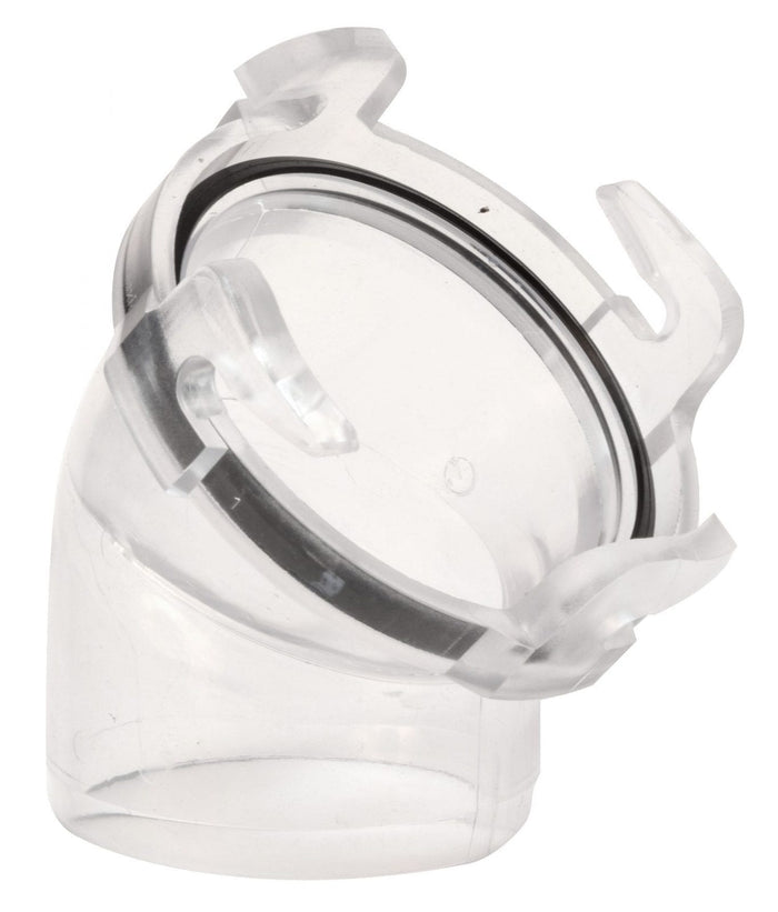 Clear Valterra 45 Degree Sewer Hose Adapter with Bayonet Fitting - Angled View | United RV Parts