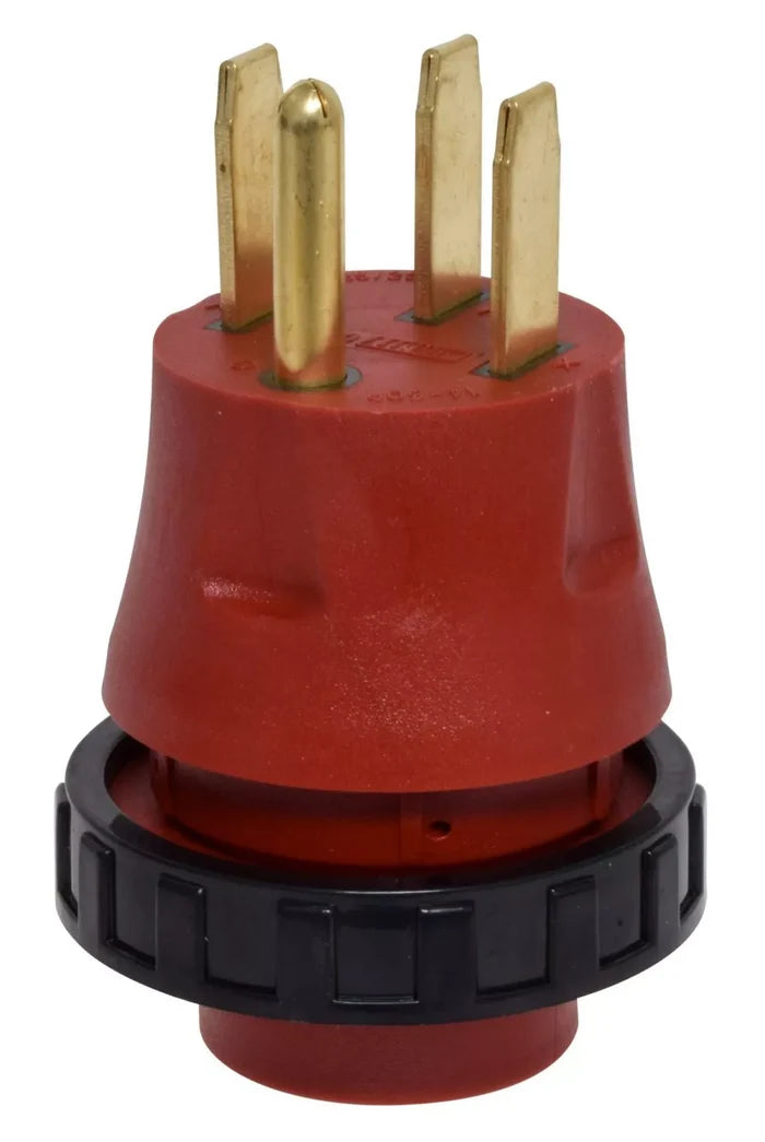 Red PVC Valterra 50 Amp to 30 Amp RV Adapter Plug - Front View, Gold Prongs | United RV Parts