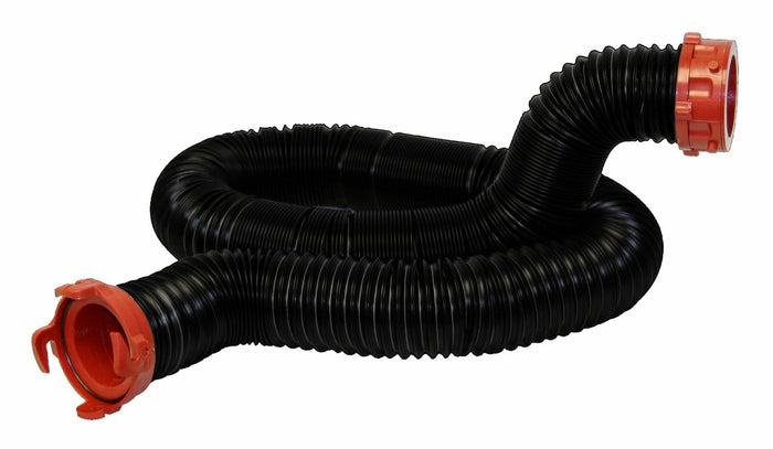 Black Flexible RV Sewer Hose with Red End Caps - Coiled View | United RV Parts