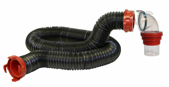 Black Ribbed Dominator Sewer Hose with Red Fittings - Extended View | United RV Parts