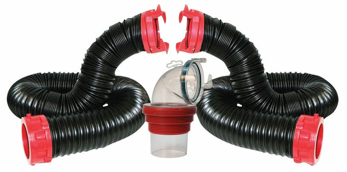 Black Flexible RV Sewer Hose Kit with Red Fittings - Components Layout | United RV Parts