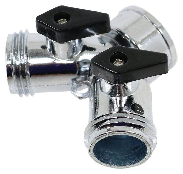 Chrome Metal Double Hose Shutoff Wye Fitting with Black Valves - Angled View | United RV Parts