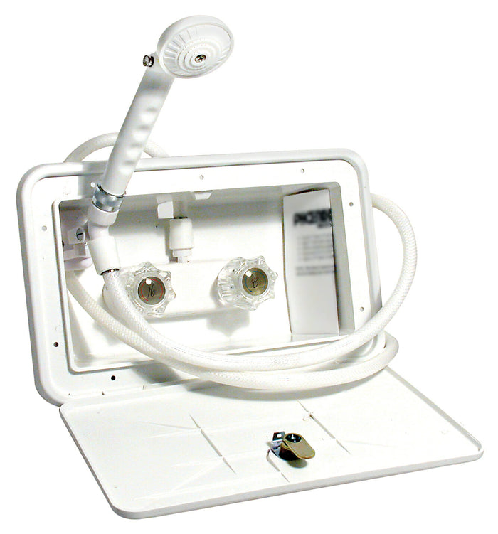 White ABS Exterior RV Shower Assembly with Handheld Head & Dual Knobs - Open View | United RV Parts