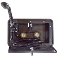 Black Valterra Exterior RV Shower Assembly Open View with Handheld Head, Hose & Hot/Cold Knobs | United RV Parts