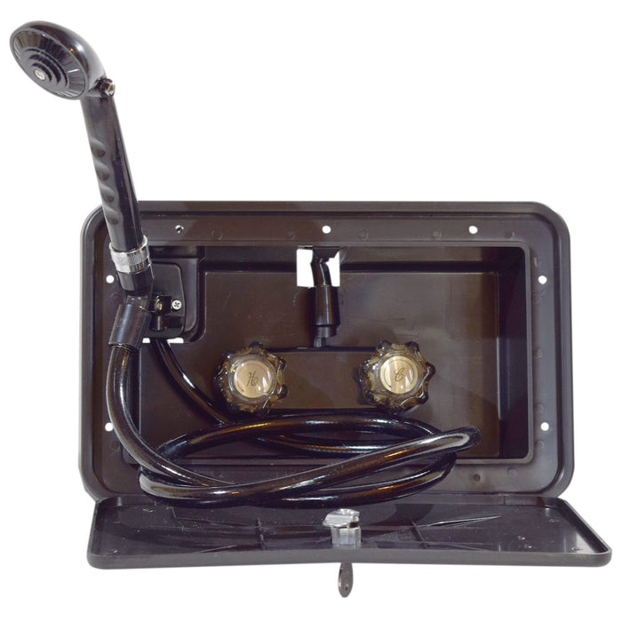 Black Valterra Exterior RV Shower Assembly Open View with Handheld Head, Hose & Hot/Cold Knobs | United RV Parts