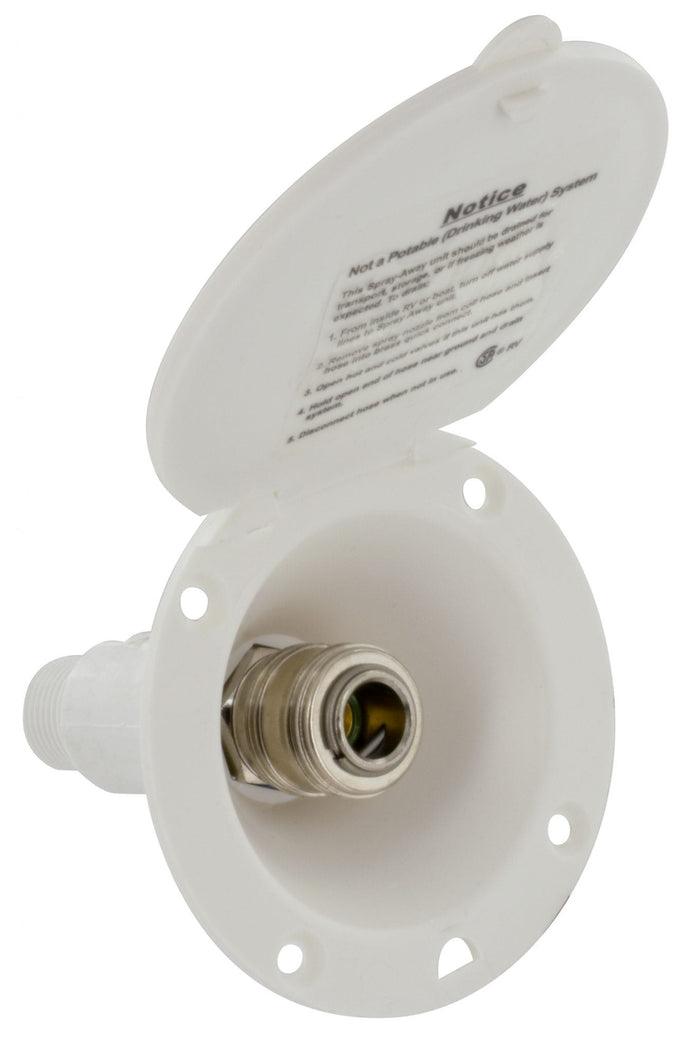 White ABS RV Exterior Spray Port with Open Lid - Quick Connect Brass Fitting Detail | United RV Parts