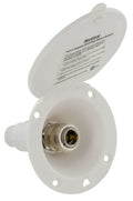 White ABS RV Exterior Spray Port with Open Lid - Quick Connect Brass Fitting Detail | United RV Parts