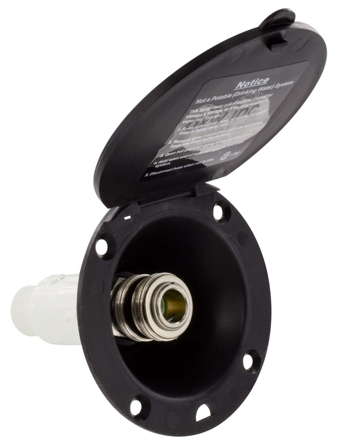 Black Valterra PF147006 Exterior Spray Port - Open View with Hose Connection | United RV Parts