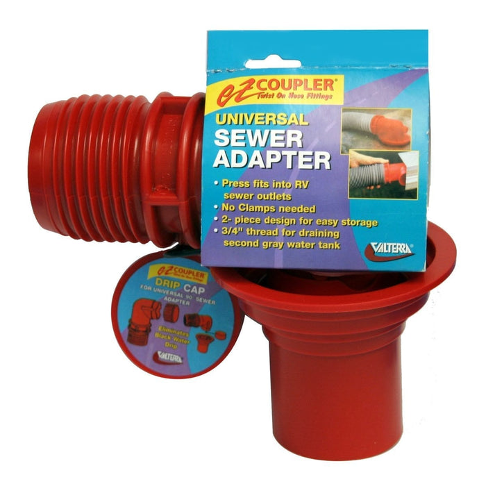 Red Plastic Valterra EZ Coupler 90 Degree RV Sewer Hose Adapter with Package - Product View | United RV Parts