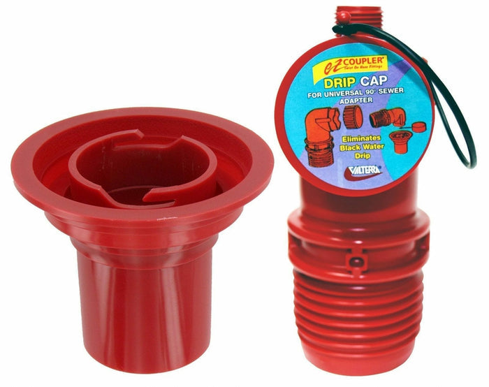 Red RV Sewer Hose Adapter Two-Piece Kit with Drip Cap - Components View | United RV Parts