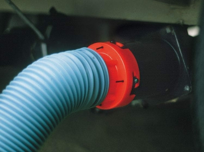 Red Valterra EZ Coupler RV Sewer Hose Adapter - Installed on Blue Sewer Hose Under RV | United RV Parts