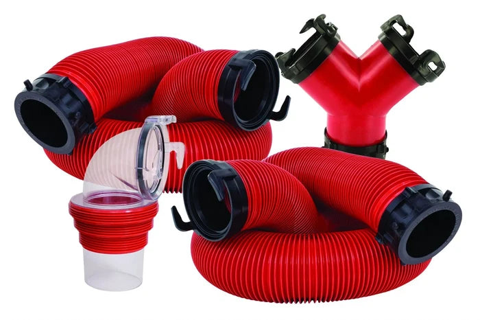 Red Vinyl RV Dual Tank Sewer Hose Kit with Wye Fitting and Adapter - Full Kit View | United RV Parts