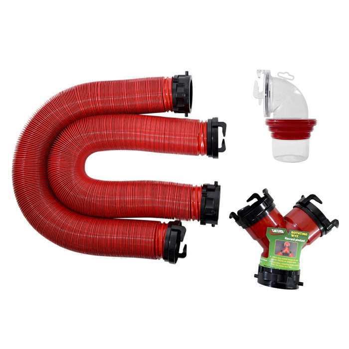 Valterra EZ Coupler Red RV Sewer Hose Kit with Rotating Wye and 90° Adapter - Flat Lay | United RV Parts