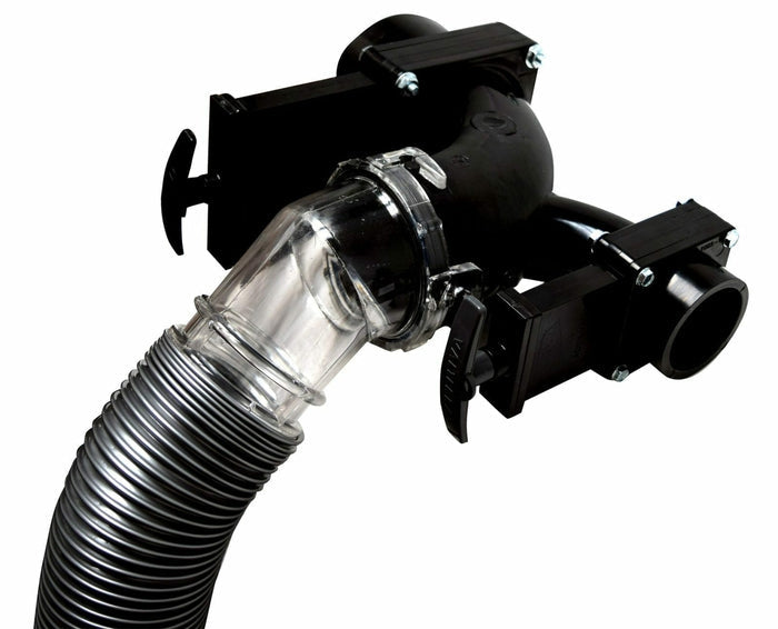 Valterra EZ Coupler RV Sewer Hose Adapter F02-3111 Installed on Black Water Hose - Side Angle | United RV Parts