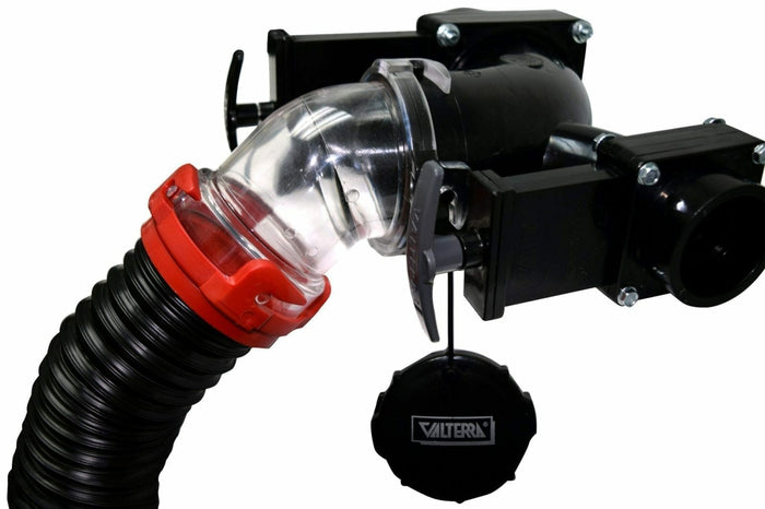 Valterra EZ Coupler 45 Degree Sewer Hose Adapter Connected to RV Dump Station - In-Use Detail | United RV Parts