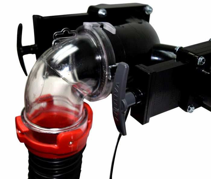 Valterra EZ Coupler 90 Degree Sewer Adapter Connected to RV Dump Station - In-Use Detail | United RV Parts