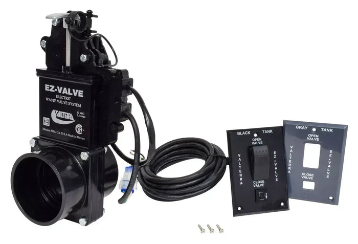 Black Valterra EZ Valve Electric Waste Valve E40B-8 Complete System - Side View | United RV Parts