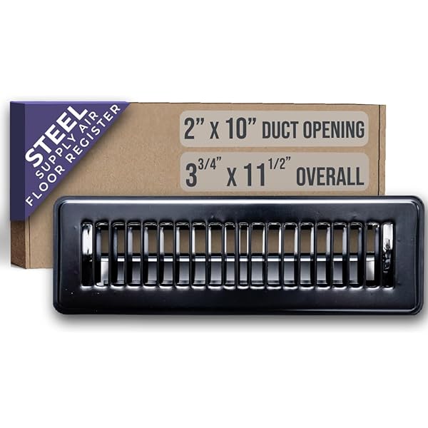 Black Steel Floor Register A10-3366VP with Packaging Showing 2x10 Duct Specs - Product Detail | United RV Parts